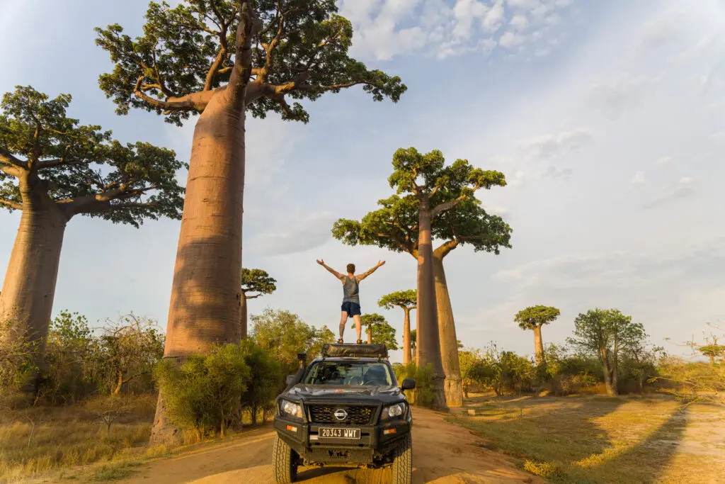 Man standing on a car in Madagascar, during a self-drive trip along the baobabs