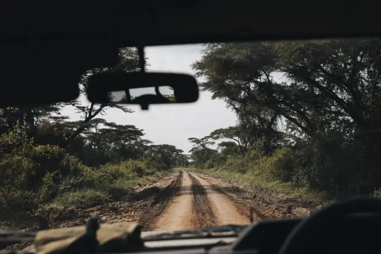 View through window from 4x4 car driving on dirt road in Uganda