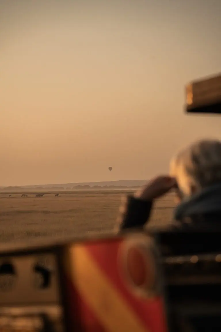 person watching hot air balloon and zebras on safari at sunrise