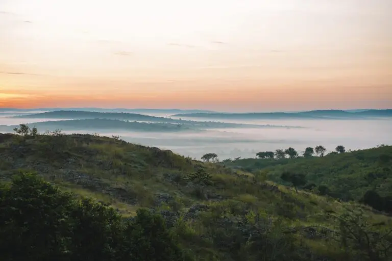 misty valley landscape at sunrise in Uganda